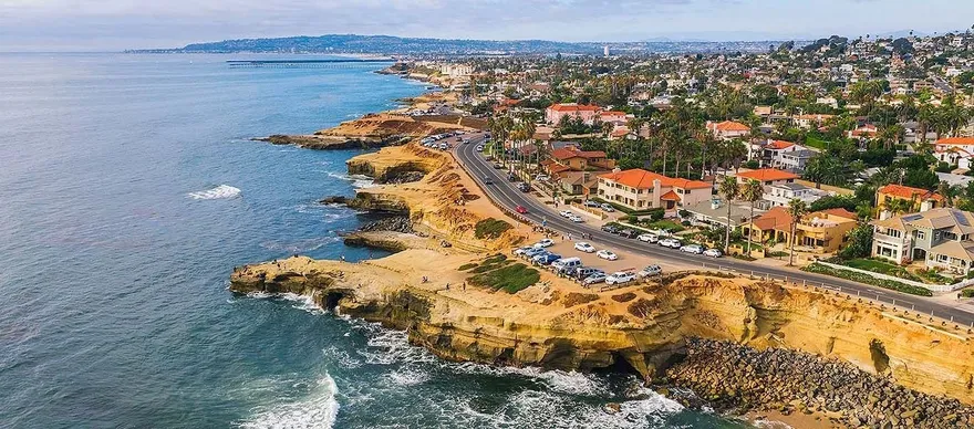 Aerial view of the Sunset Cliffs coastline in San Diego